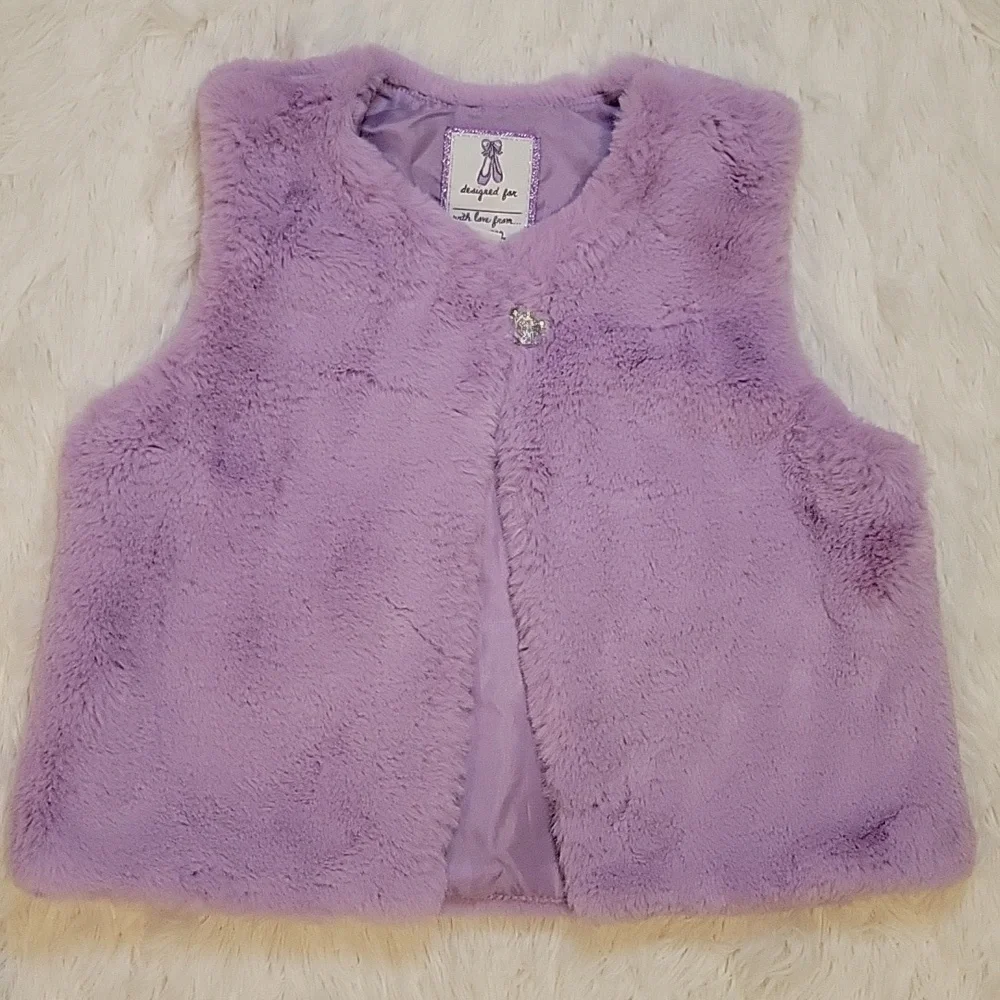 Gymboree Purple Faux Fur Vest With Big Crystal Button Girls Size 5/6